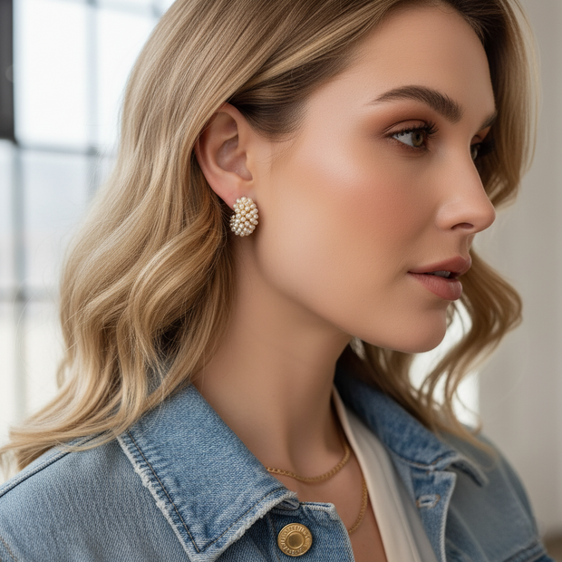 Close-up of a woman wearing pearl earrings and a denim jacket.