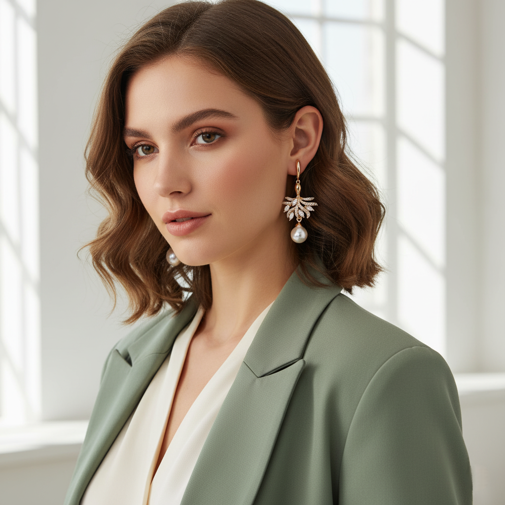 Woman wearing a green blazer and pearl earrings in a bright room