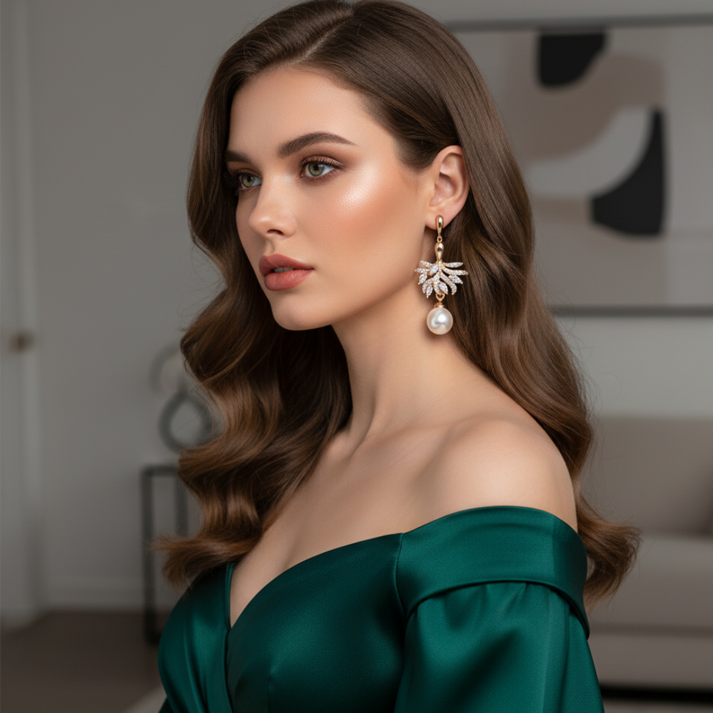 Woman wearing a green dress and earrings in an indoor setting