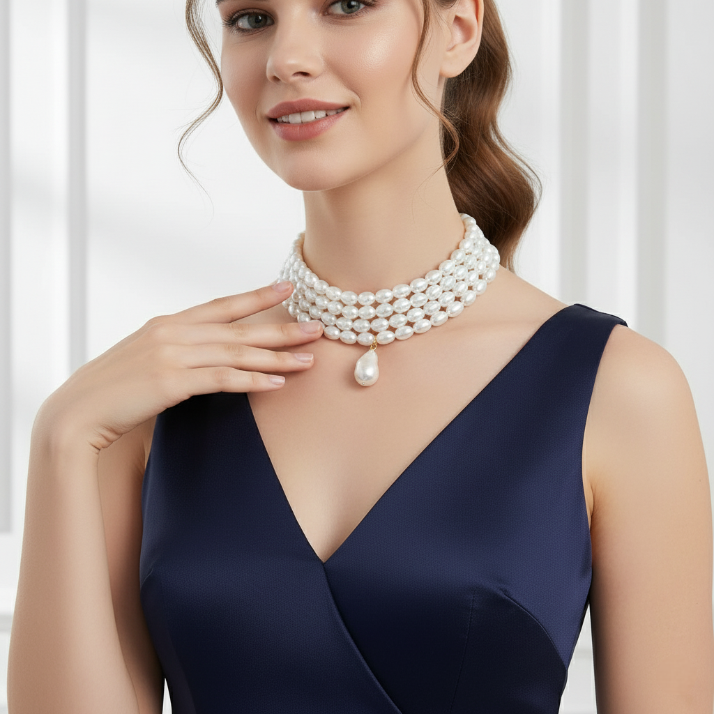 A woman wearing a pearl necklace, 