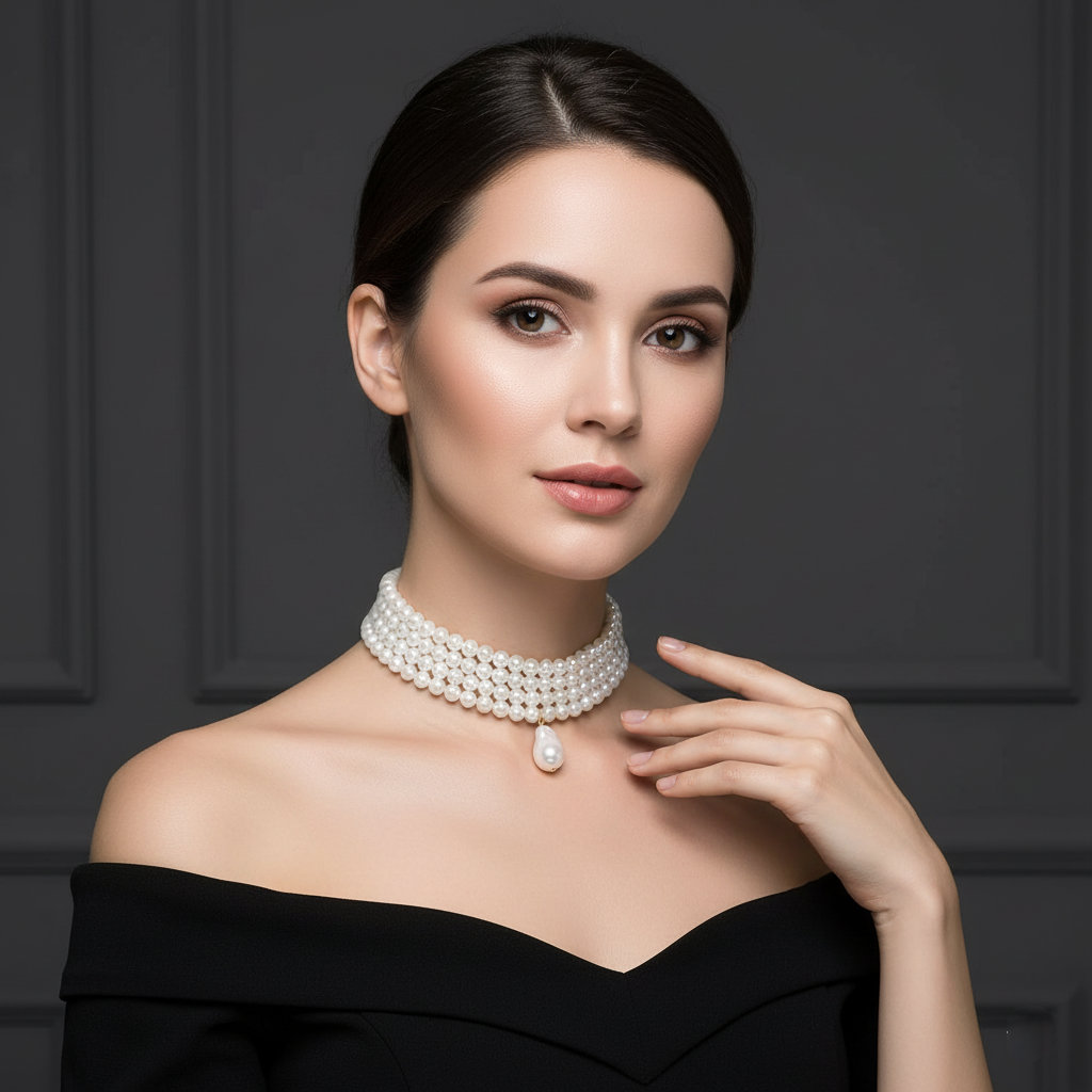 Woman wearing a choker-style necklace made of four rows of small, round white pearls. It has a gold-toned clasp at the back and a single, larger, teardrop-shaped white pearl pendant hanging from the center front, against a dark background