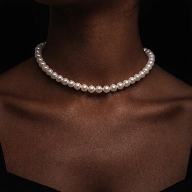 Pearl necklace on a person against a dark background