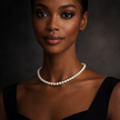 Woman wearing a pearl necklace against a dark background