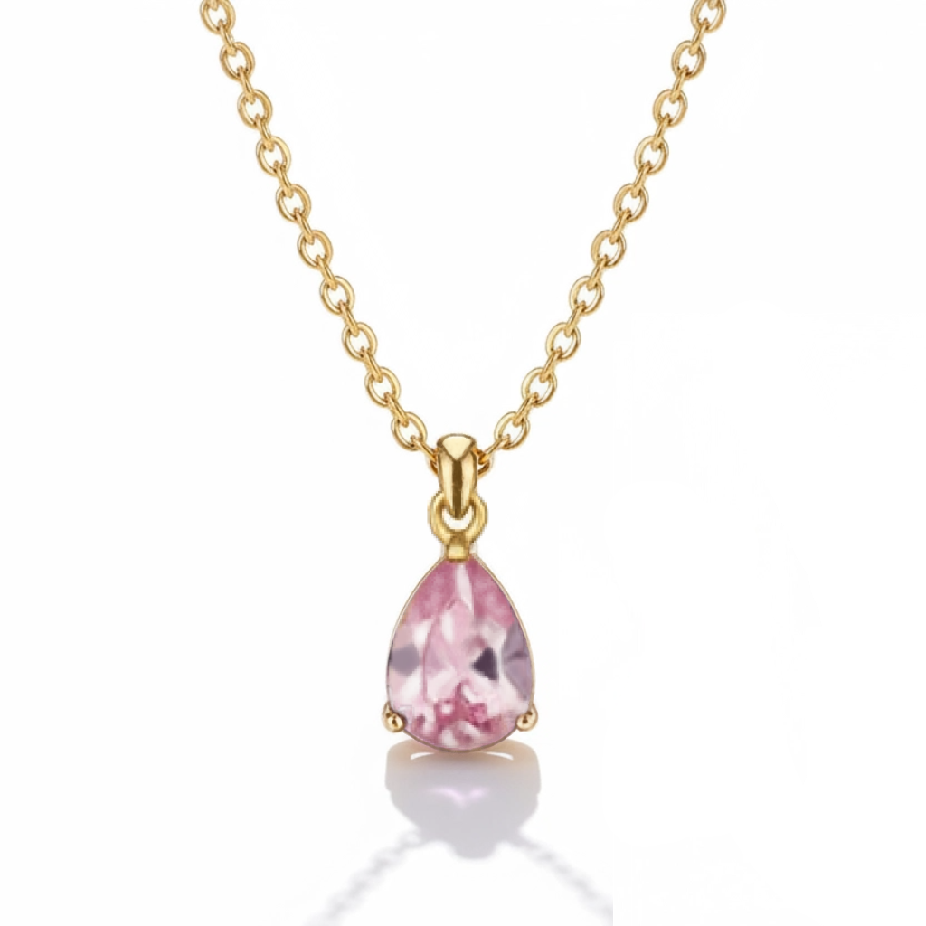 Gold necklace with a pink teardrop pendant on a white background
