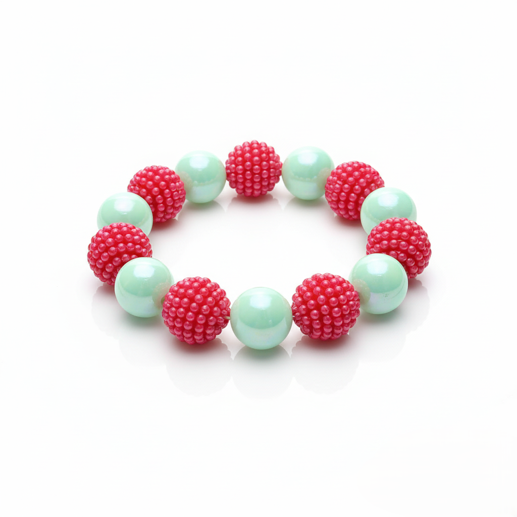Bracelet with pink and green beads on a white background