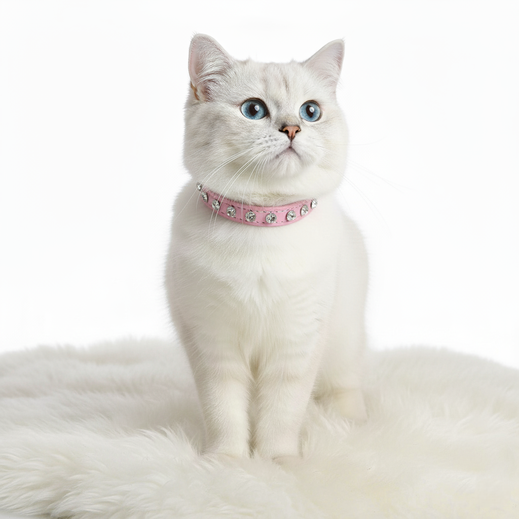 White cat wearing a pink collar with decorative elements on a white background