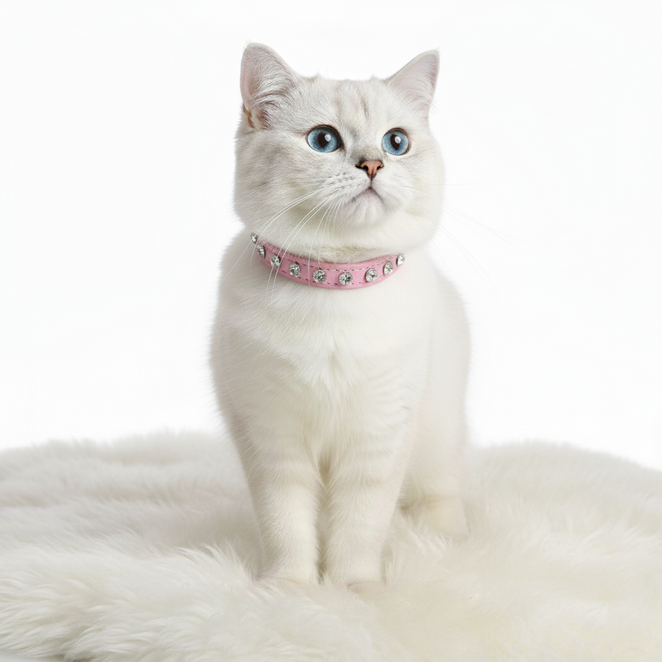 White cat wearing a pink collar with decorative elements on a white background