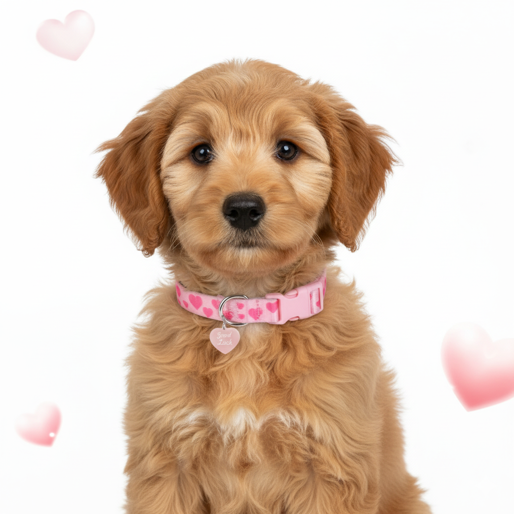 Puppy wearing a pink collar with heart patterns on a white background