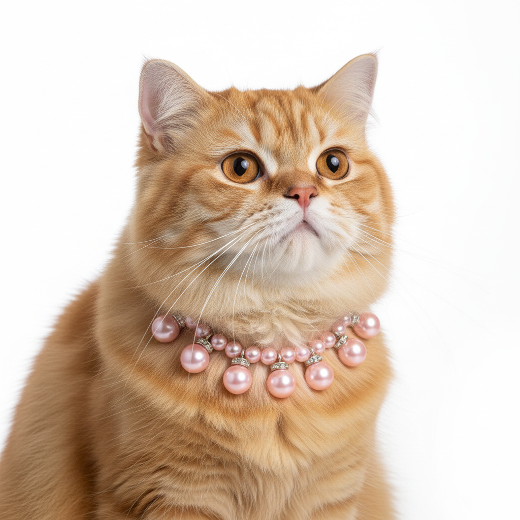 Cat wearing a pink pearl necklace on a white background