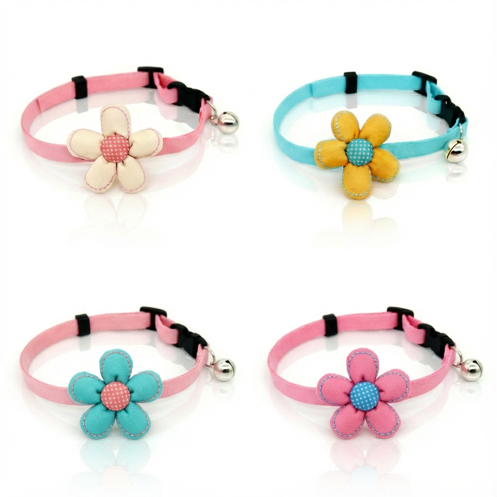 Color options for Floral Bell Collar: Navy Blue, Pink, and Sky Blue on a white background.