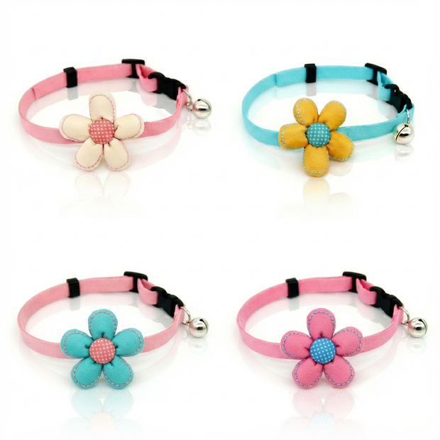Color options for Floral Bell Collar: Navy Blue, Pink, and Sky Blue on a white background.