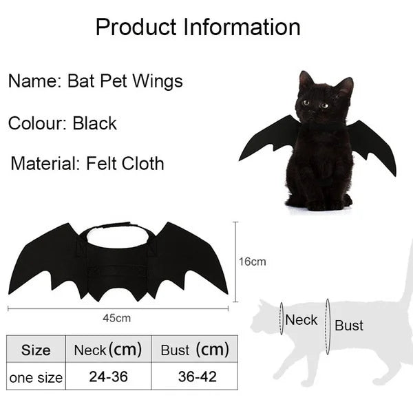 Black pet wings with a cat wearing them, product information displayed.