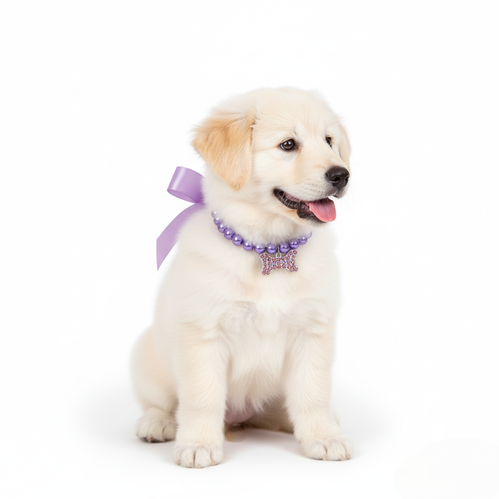 Puppy wearing a purple bow and collar on a white background