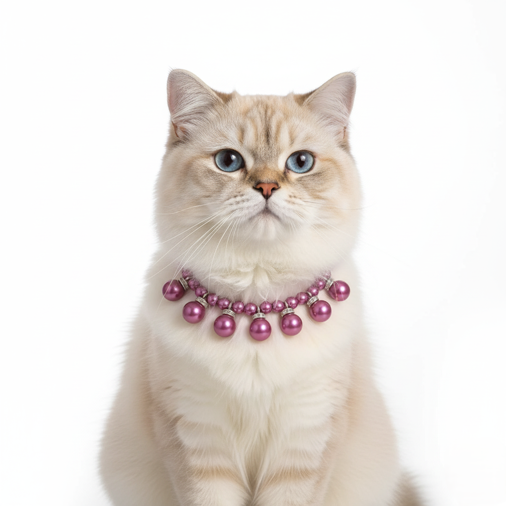 Cat wearing a purple pearl necklace on a white background