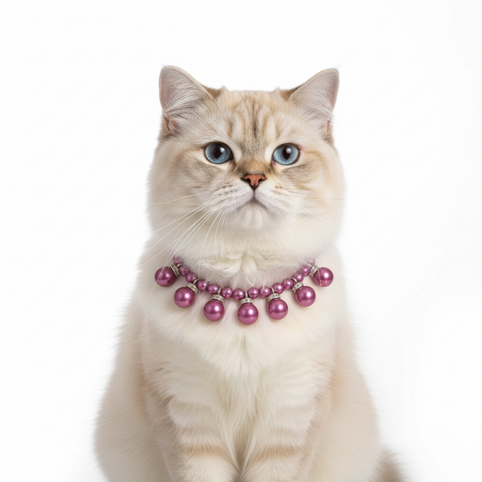 Cat wearing a purple pearl necklace on a white background