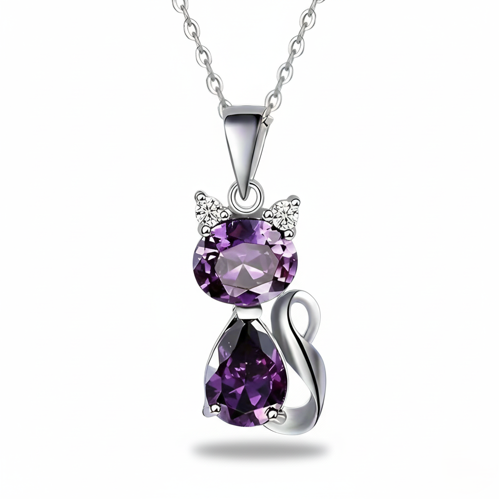 Silver necklace with a purple gemstone pendant on a white background