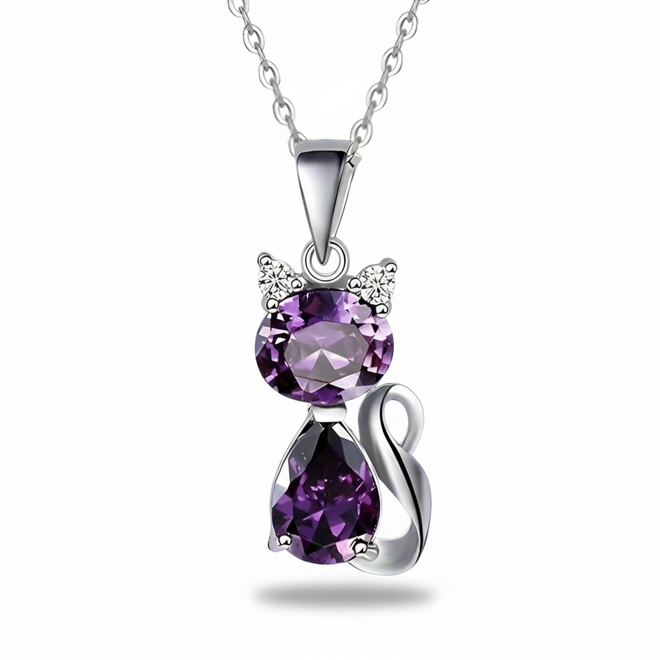 Silver necklace with a purple gemstone pendant on a white background