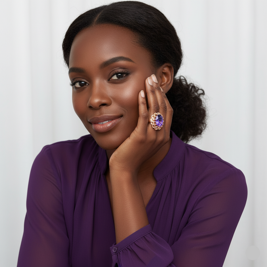 Woman wearing a purple top and a ring with a purple gemstone against a white background