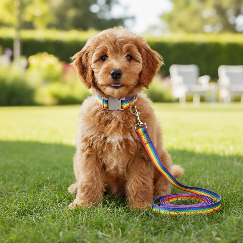 Puppy with a rainbow collar and leash on grass