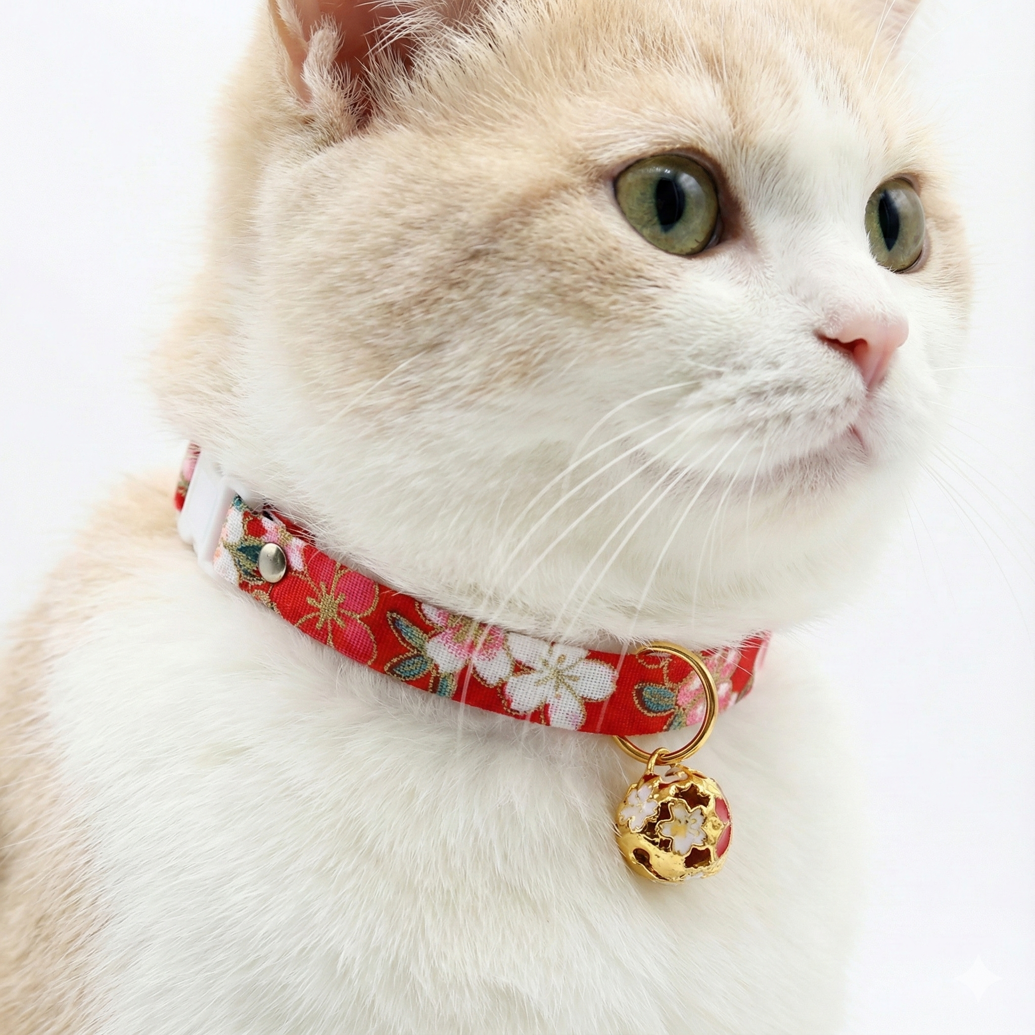 Cat wearing a red floral collar with a gold bell on a white background