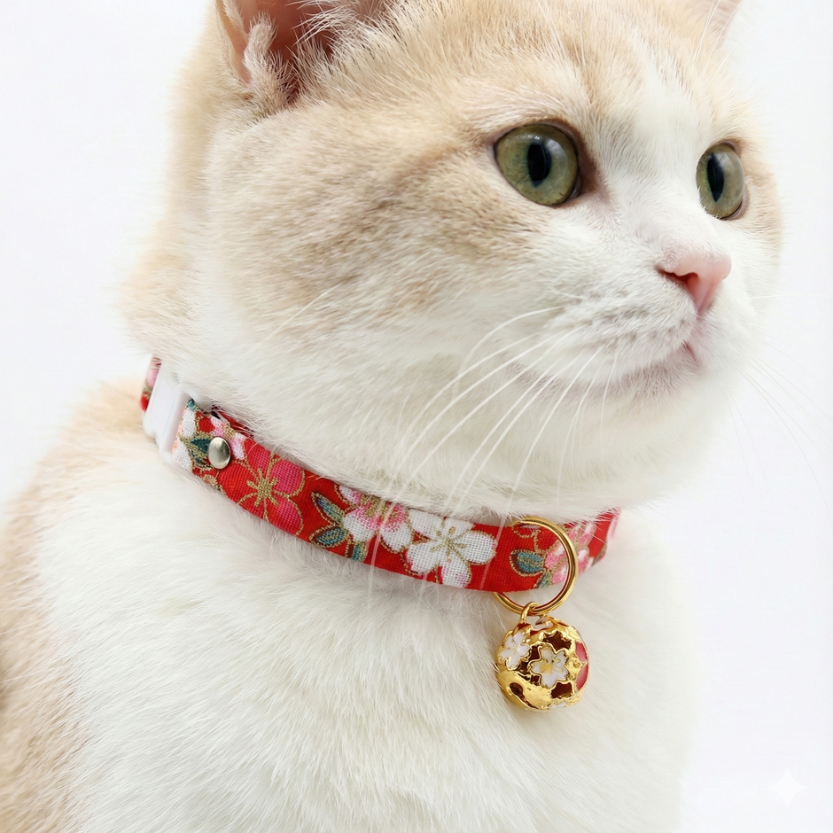 Cat wearing a red floral collar with a gold bell on a white background