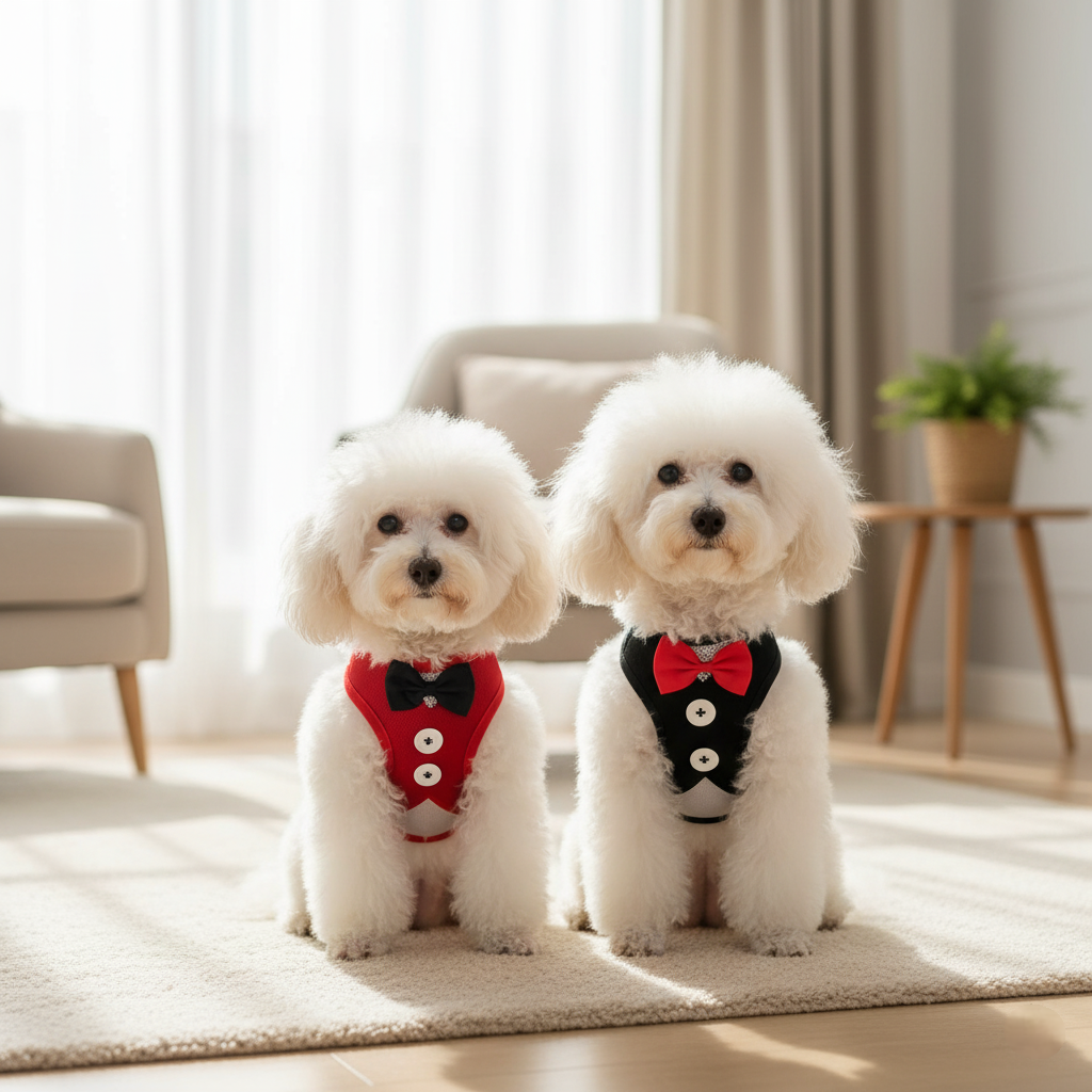 Two small white dogs wearing red and black bow tie outfits in a room with light-colored curtains and a plant.