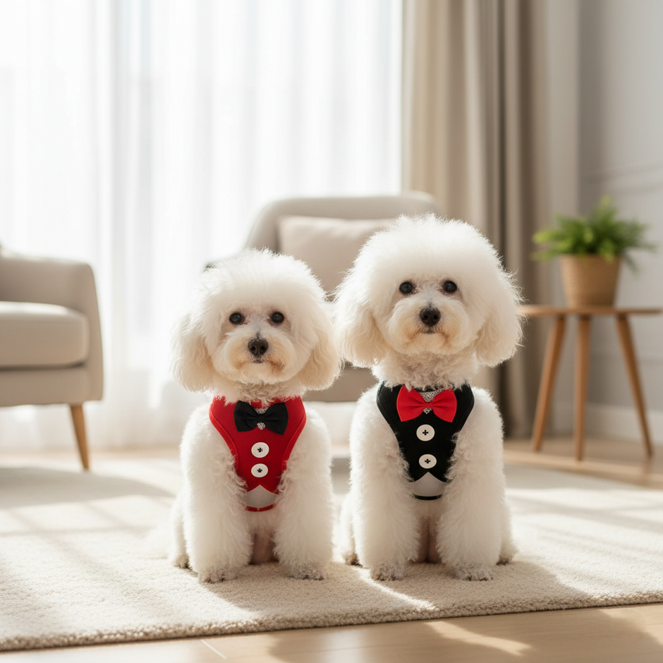 Two small white dogs wearing red and black bow tie outfits in a room with light-colored curtains and a plant.