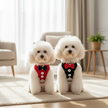 Two small white dogs wearing red and black bow tie outfits in a room with light-colored curtains and a plant.