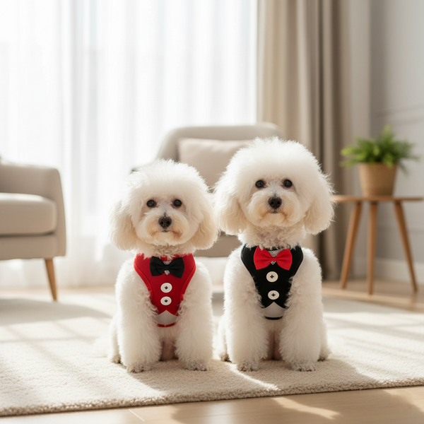 Two small white dogs wearing red and black bow tie outfits in a room with light-colored curtains and a plant.