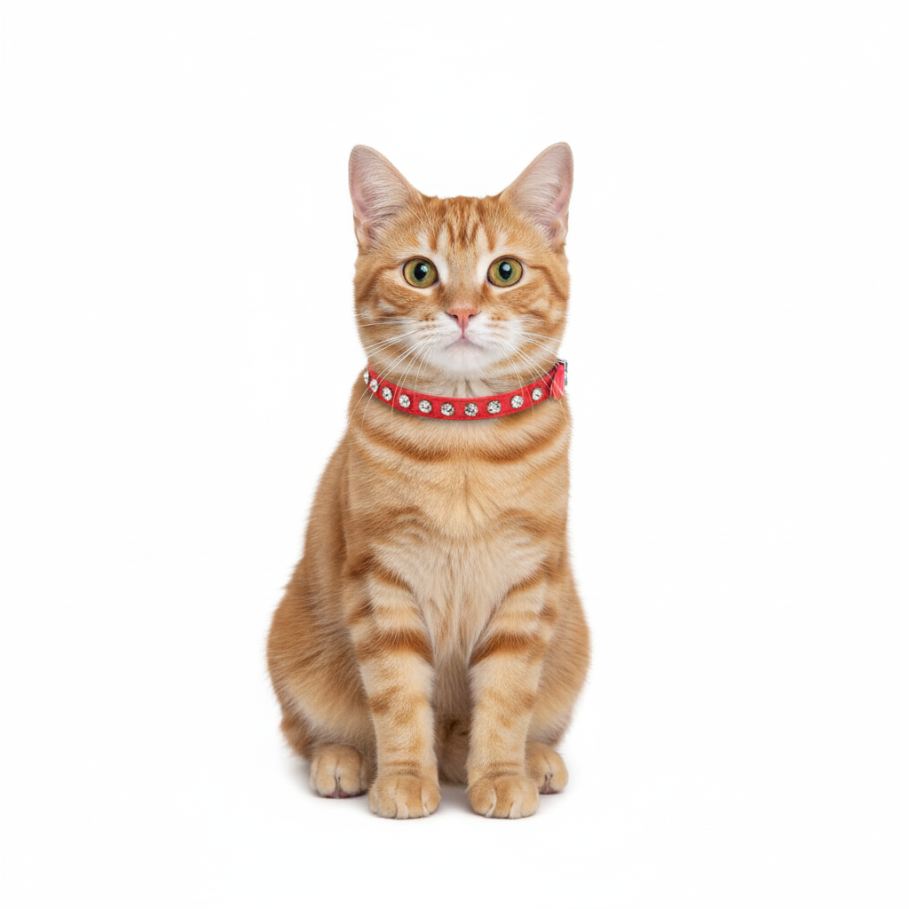 Orange tabby cat wearing a red collar with white polka dots on a white background