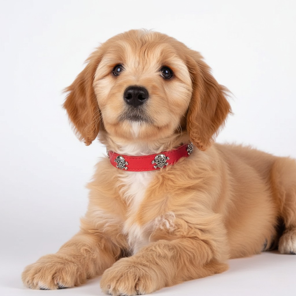 Puppy wearing a red collar on a white background