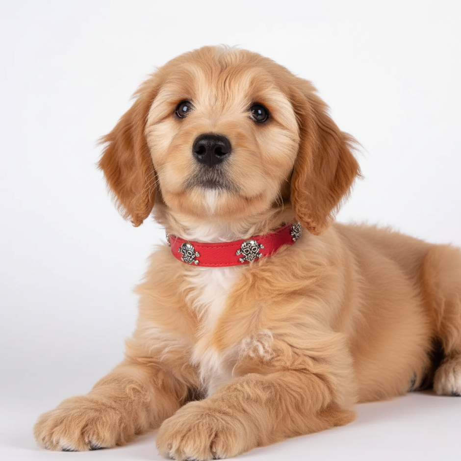 Puppy wearing a red collar on a white background