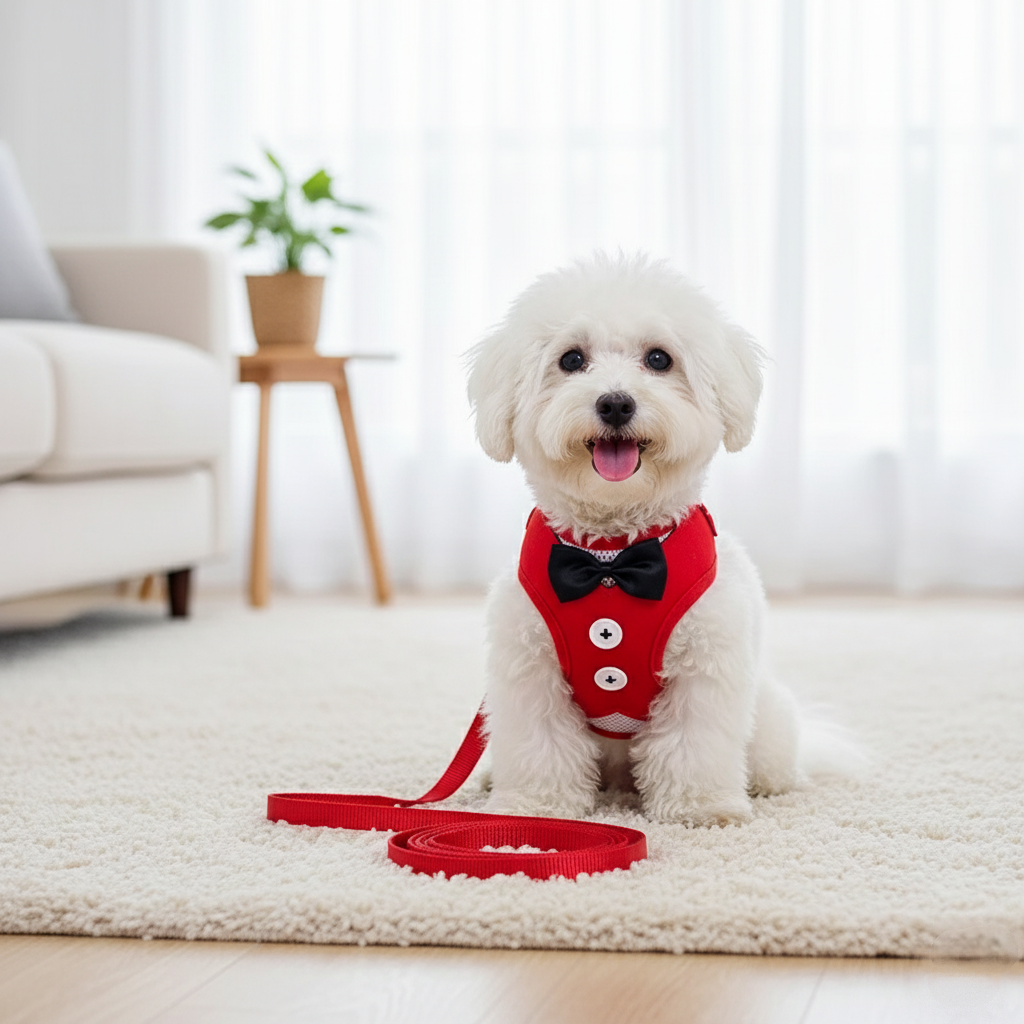 Small white dog wearing a red harness with buttons and a black bow tie, standing on a carpeted floor.