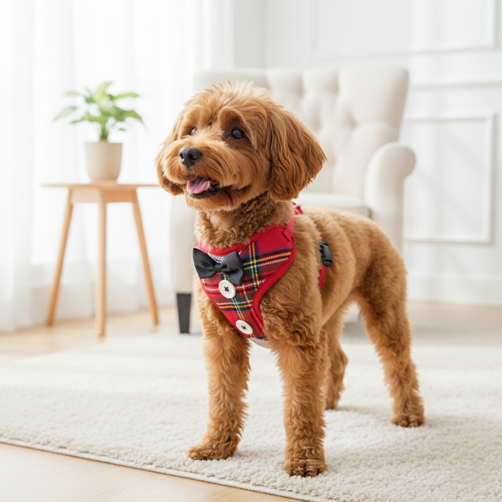 Dog wearing a red plaid harness with buttons in a bright room.