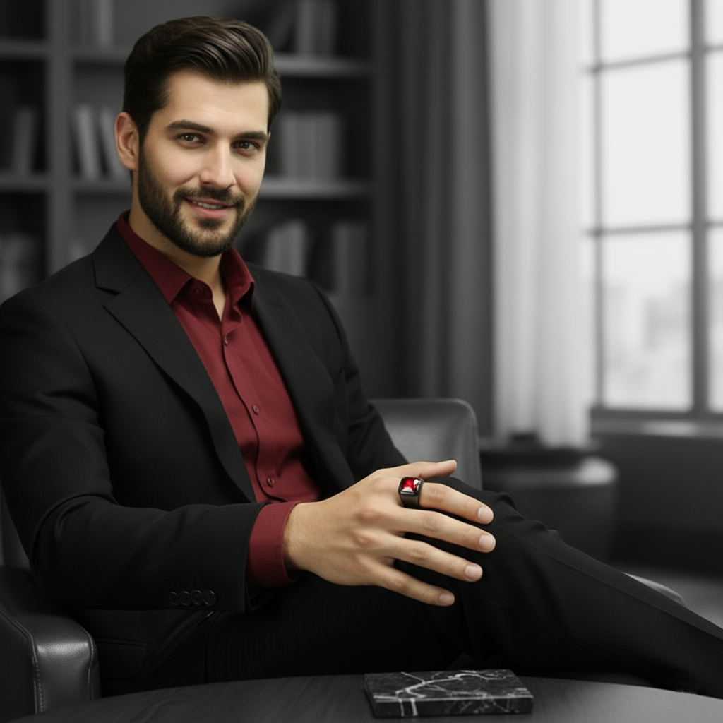 Man in a suit holding a black ring with a red gemstone in an office setting