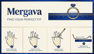 Mergava ring size finder guide with illustrations and text on a blue and beige background.