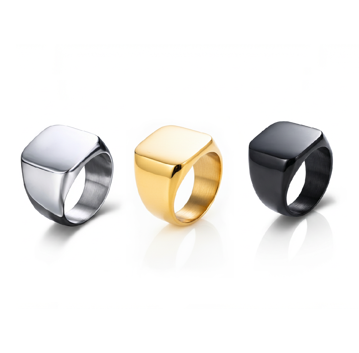 Three SteelForce rings for men - 316L stainless steel band in silver, gold, and black on a white background