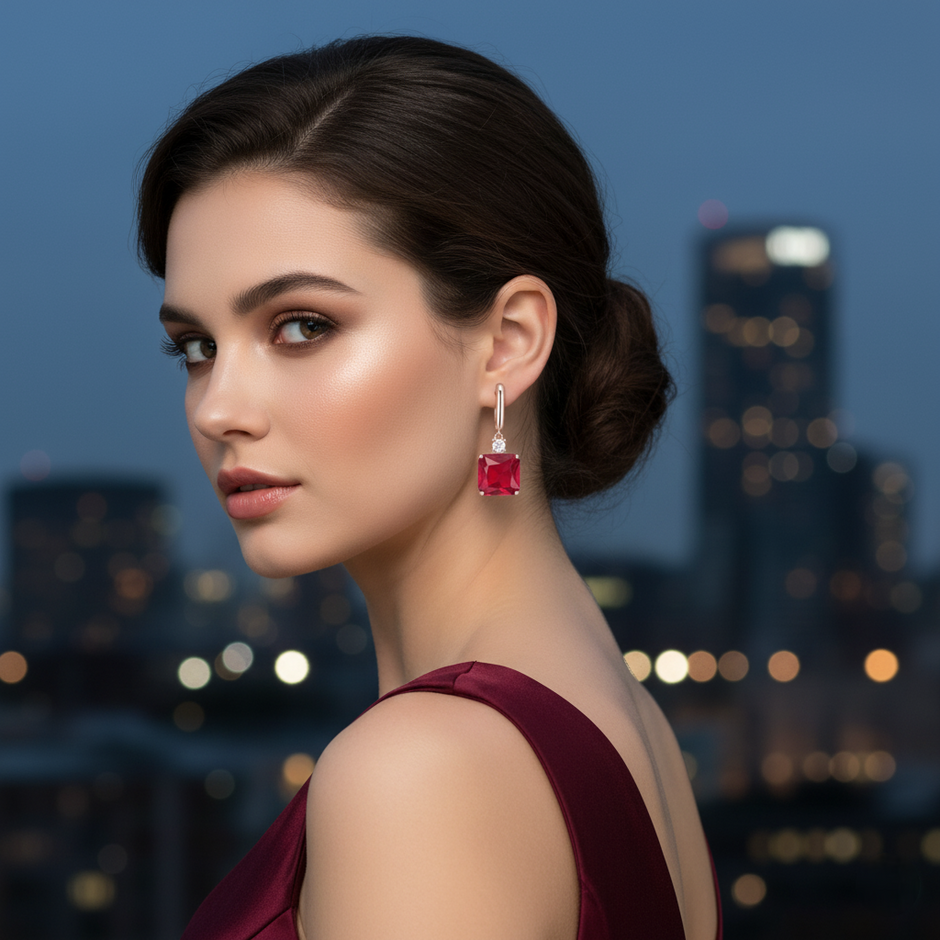 Woman wearing rose gold drop earrings with a square-cut red gemstone with a cityscape in the background