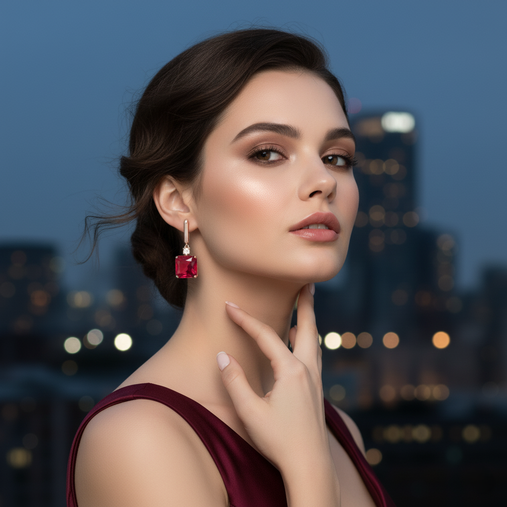 Woman wearing red earrings with a cityscape background