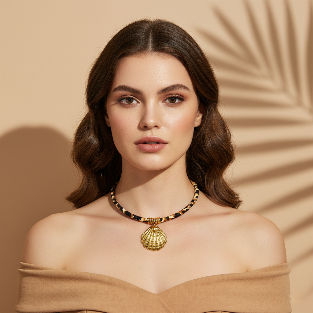 Woman wearing a gold necklace against a beige background