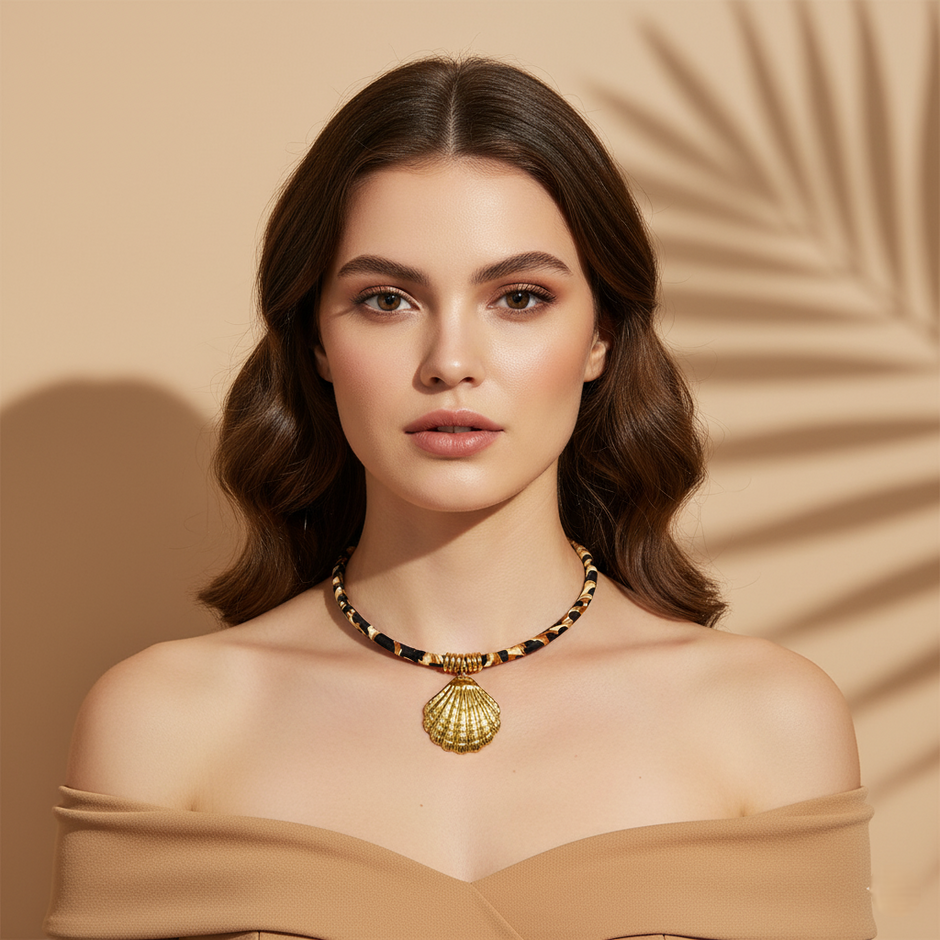 Woman wearing a gold necklace against a beige background