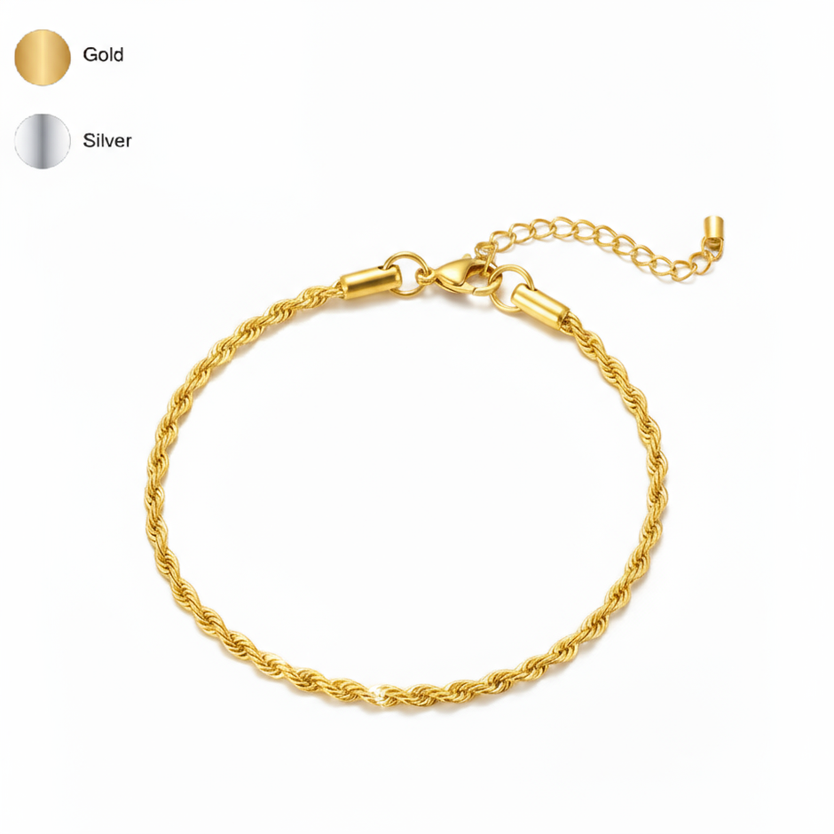 Gold bracelet on a white background with color options for gold and silver.