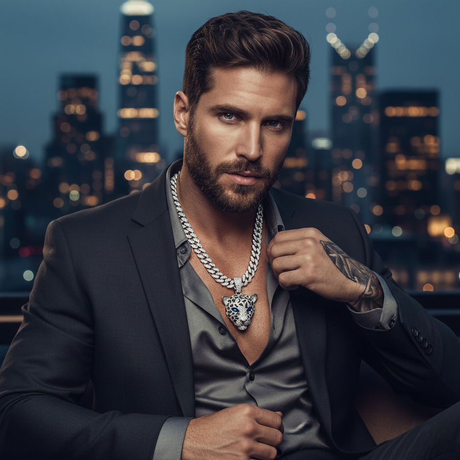 Man in a suit with a silver chain necklace with a leopard head pendant  background