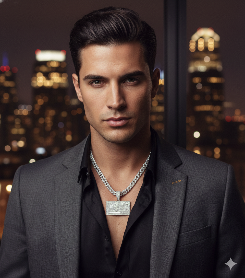 Man in a suit with a cityscape background