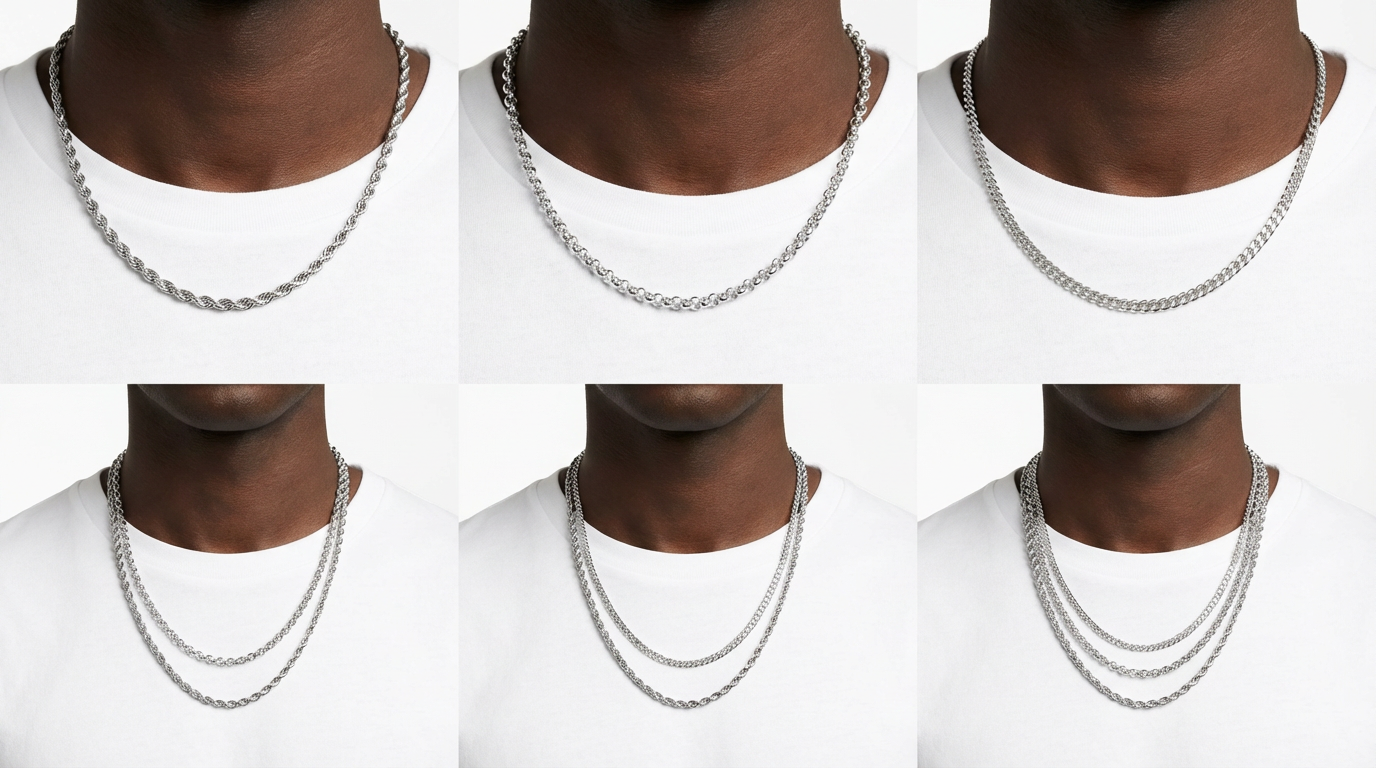 Silver chain necklace displayed on a person wearing a white shirt.