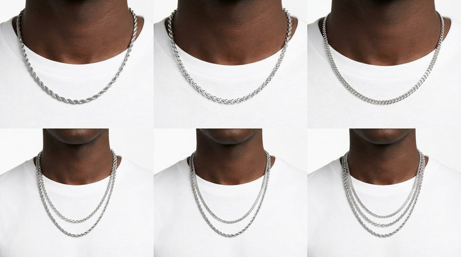 Silver chain necklace displayed on a person wearing a white shirt.