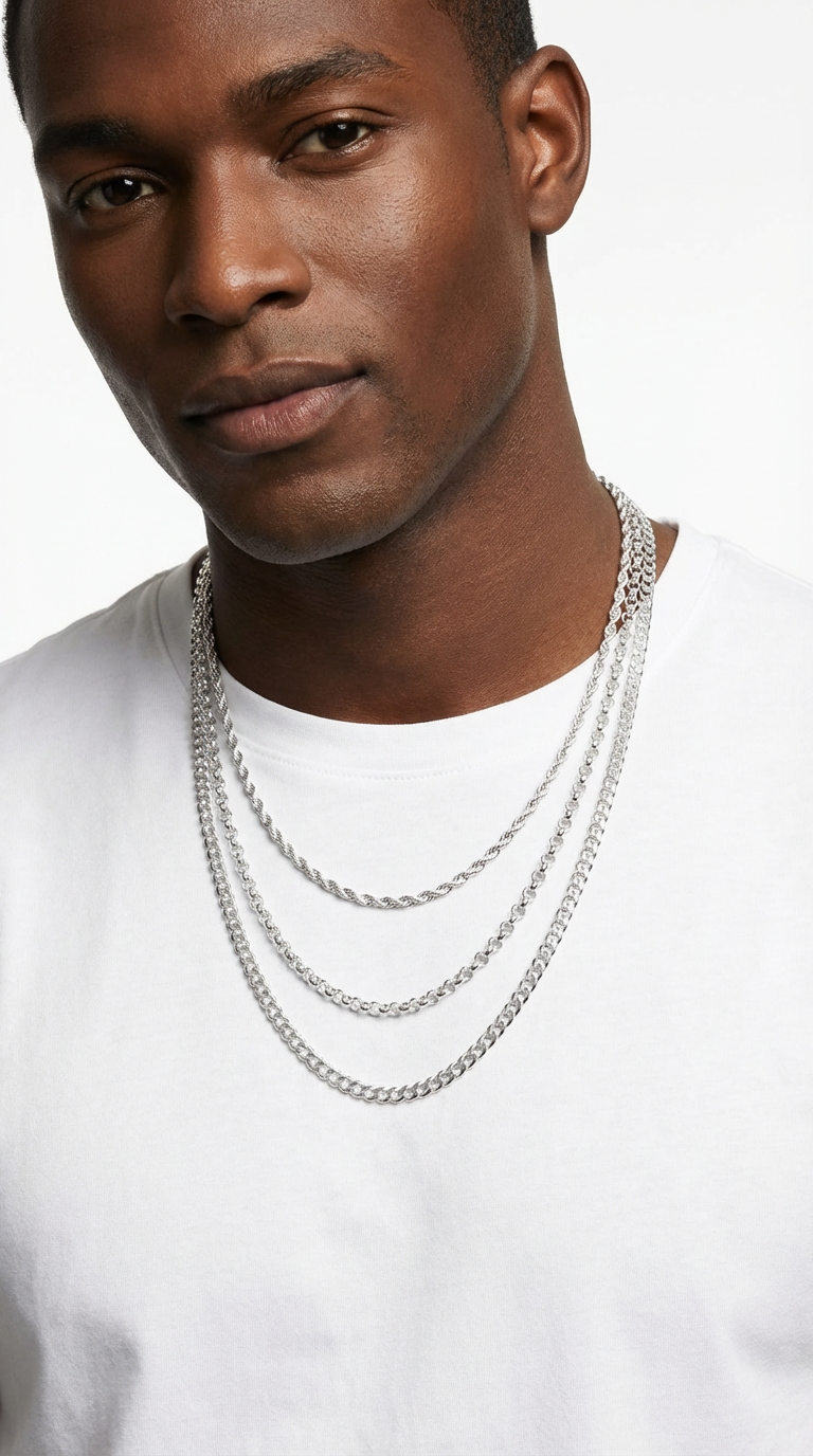 All three 20-inch chains are layered on a model, showing versatile styling.