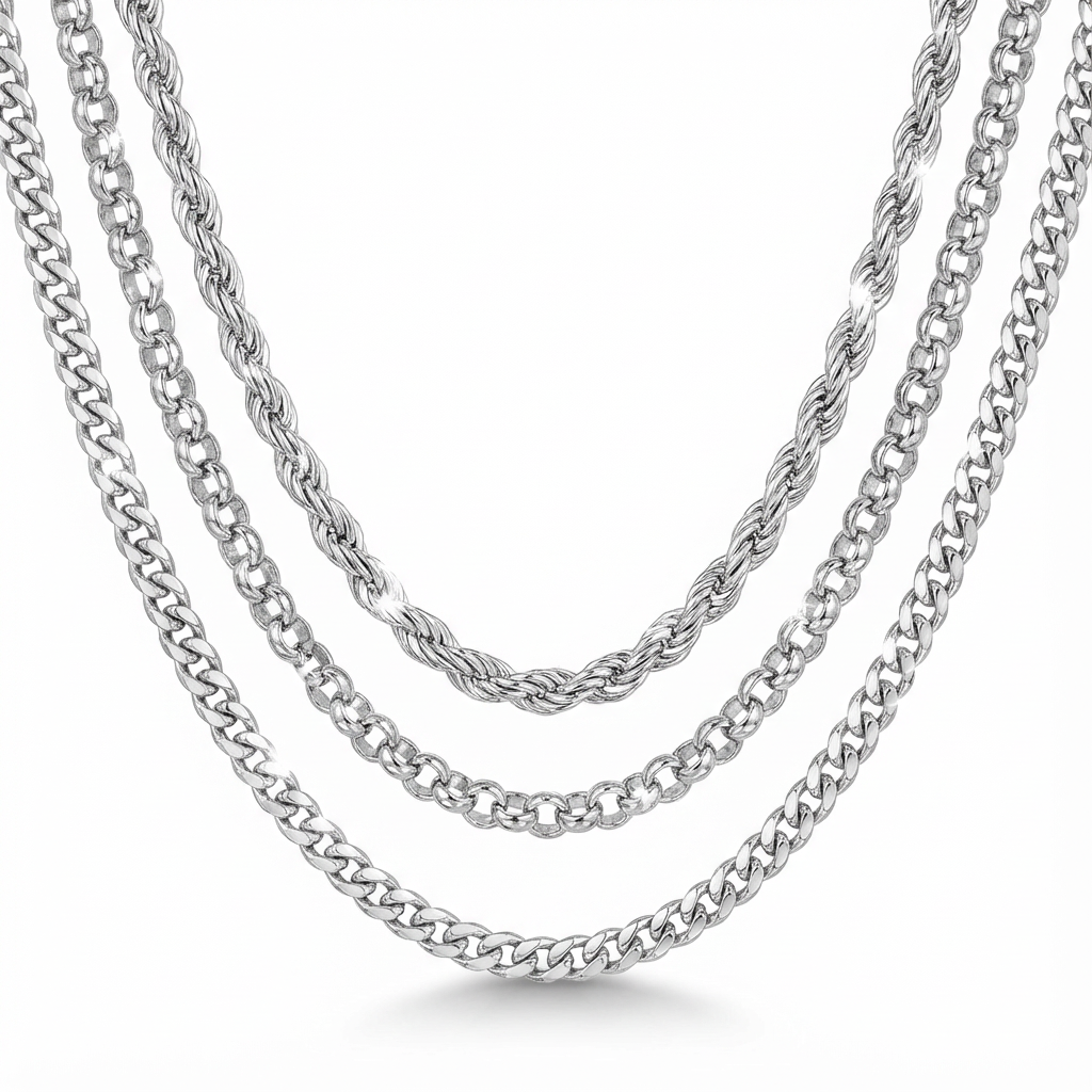 Triple Set of Stainless Steel Necklaces: Rope, Rolo, and Cuban Link chains displayed together.