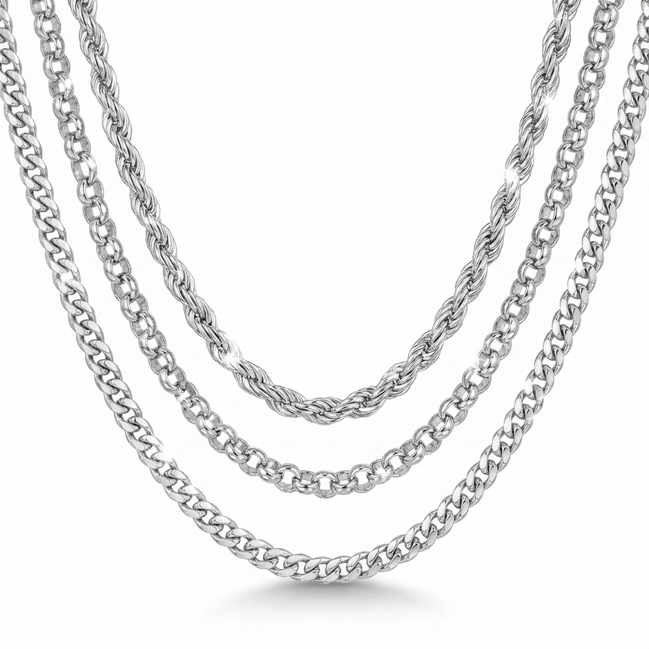 Triple Set of Stainless Steel Necklaces: Rope, Rolo, and Cuban Link chains displayed together.