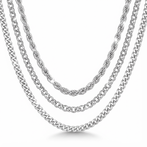Triple Set of Stainless Steel Necklaces: Rope, Rolo, and Cuban Link chains displayed together.